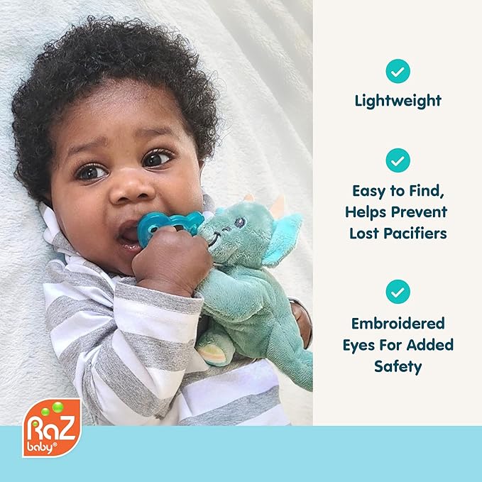RaZbaby JollyPop Pacifier, Holder w/Detachable Baby Pacifier, Stuffed Animal RaZbuddy, All Ages 0M+, 100% Medical Grade USA Made Silicone, Machine Washable, Textured & Easy to Hold – Lab