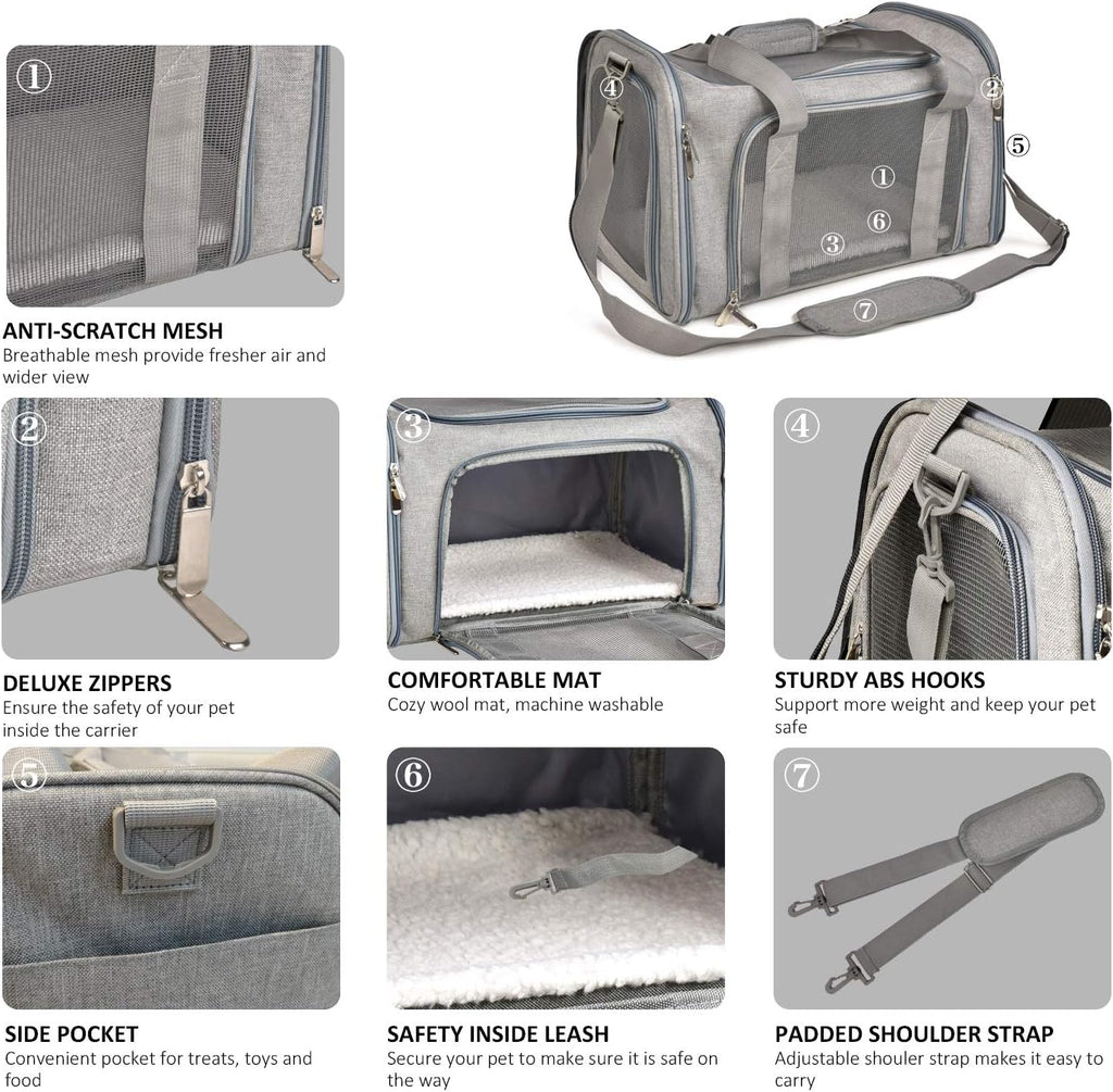 Large Dog Cat Carriers Puppies up to 25Lbs, Big Dog Carrier Soft Sided, Collapsible Travel Puppy Carrier - Large - Grey