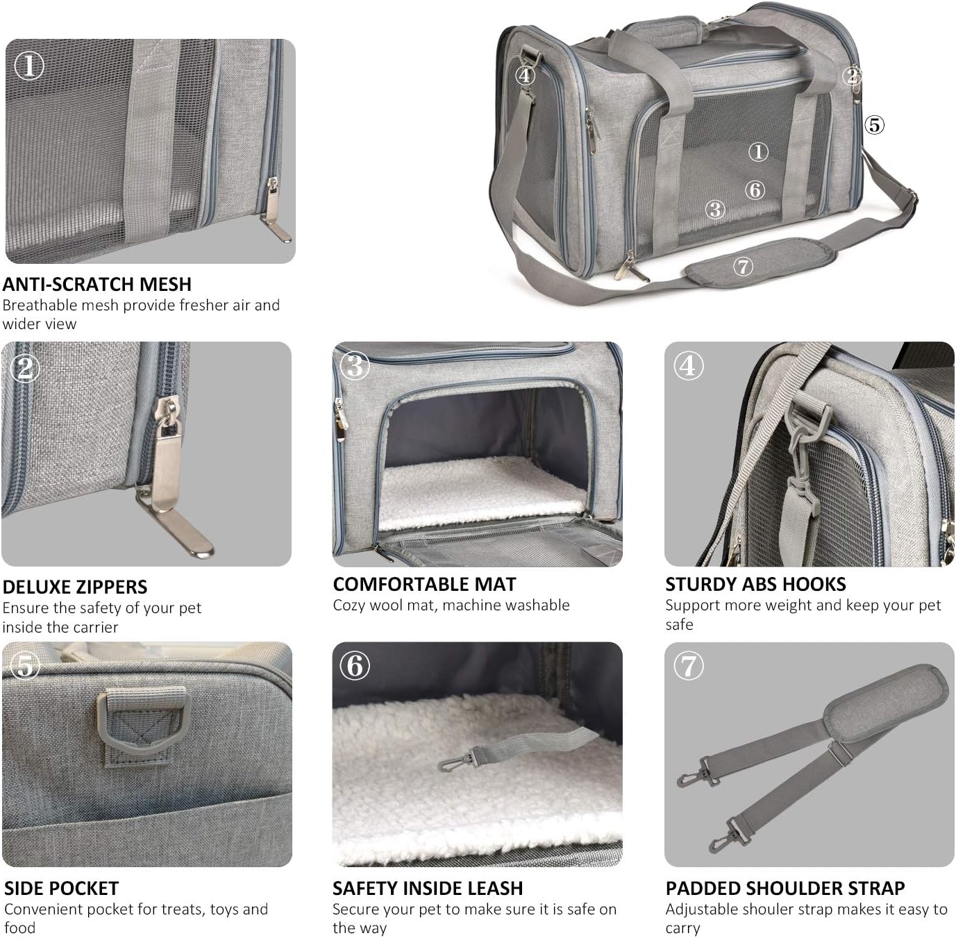 Large Dog Cat Carriers Puppies up to 25Lbs, Big Dog Carrier Soft Sided, Collapsible Travel Puppy Carrier - Large - Grey