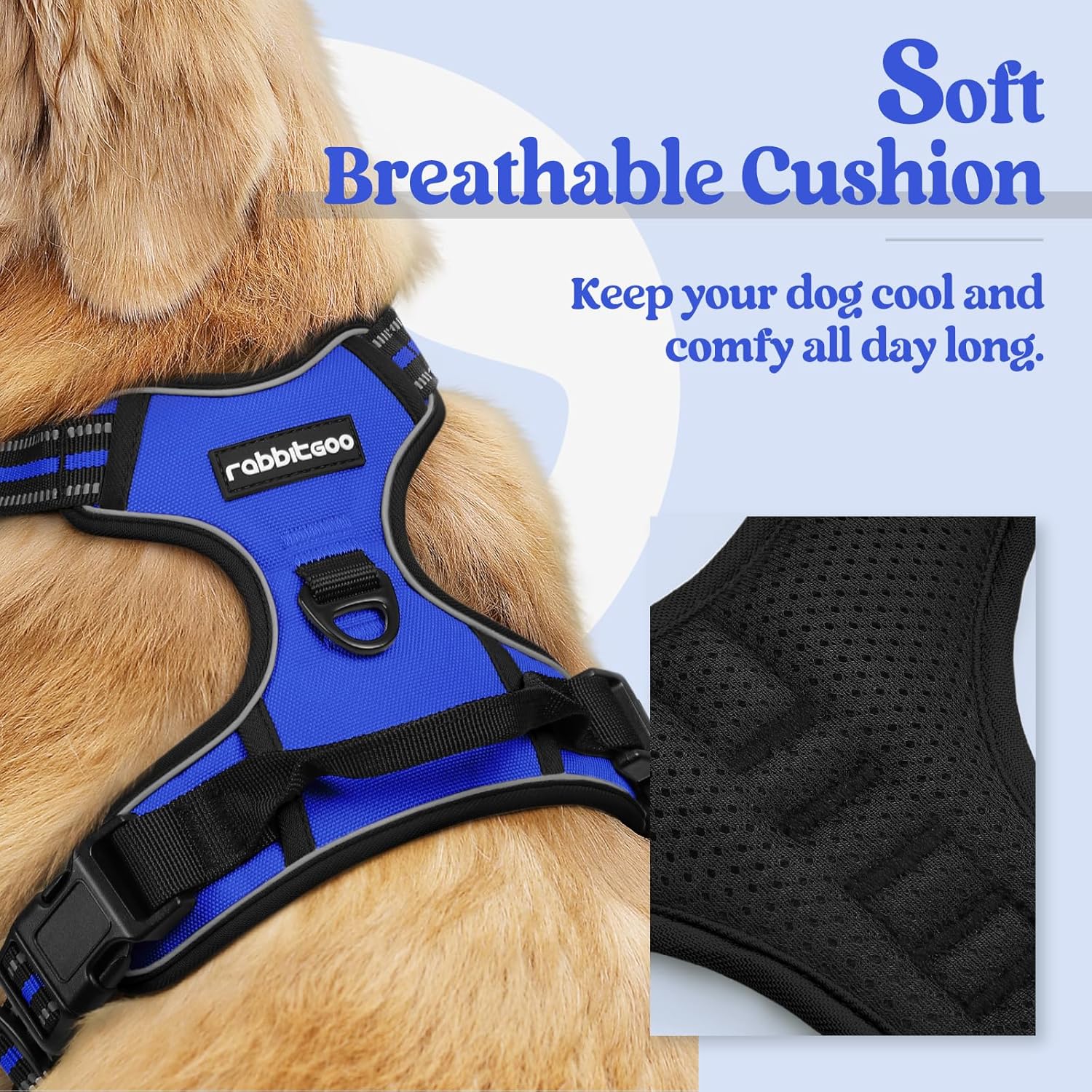 rabbitgoo Dog Harness No Pull with 2 Leash Clips, Adjustable Soft Padded, Reflective Oxford No Choke Pet Vest with Easy Control Handle for Medium Sized Dogs, Dazzling Blue, M