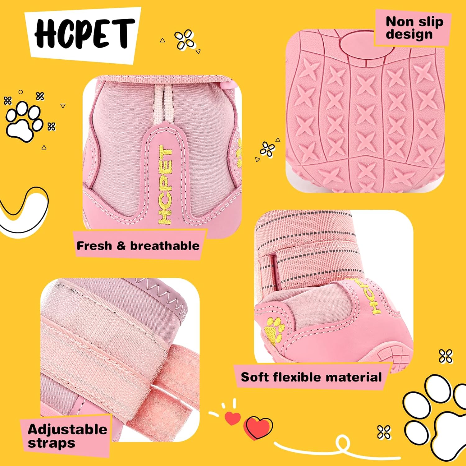 Hcpet Dog Shoes, Dog Boots for Large Dogs, Breathable Dog Booties Paw Protector for Summer Hot Pavement, Winter Snowy Day, Outdoor Walking, Indoor Hardfloors Anti Slip Sole Pink Size 6