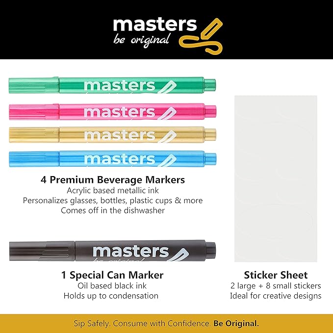 Washable Beverage Markers Set | Non-Toxic, Erasable Ink Writing on Cold Drinks, Bottles, Plastic Cups, Mirrors | 4 Assorted Metallics, 1 Black Oil-Based Pen, Sticker Labels, Metallic