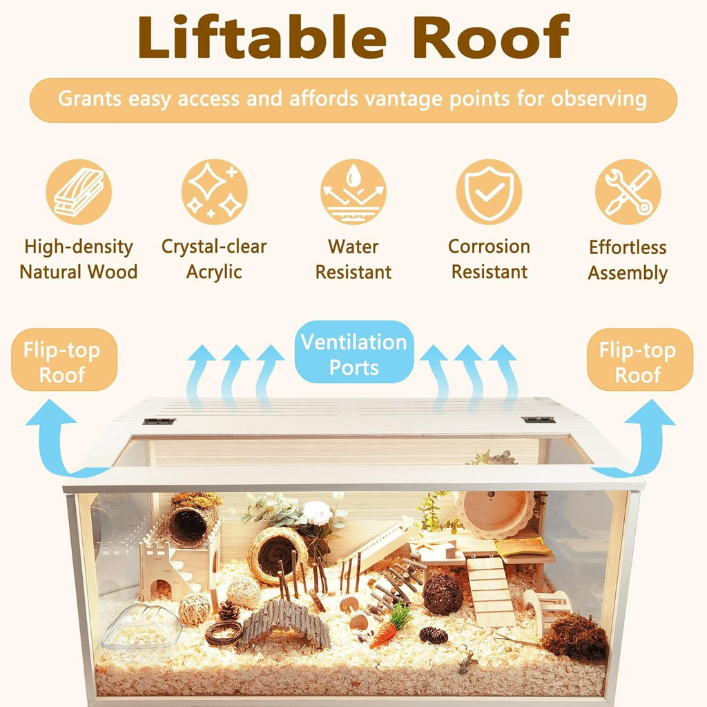 Prolee Hamster Cage with Legs Chew Proof Hamster Habitat Guinea Pig Cages, Hamster House, Hamster Cages and Habitats (32" L x 16" W x 40" H, Thick Wood Roof)
