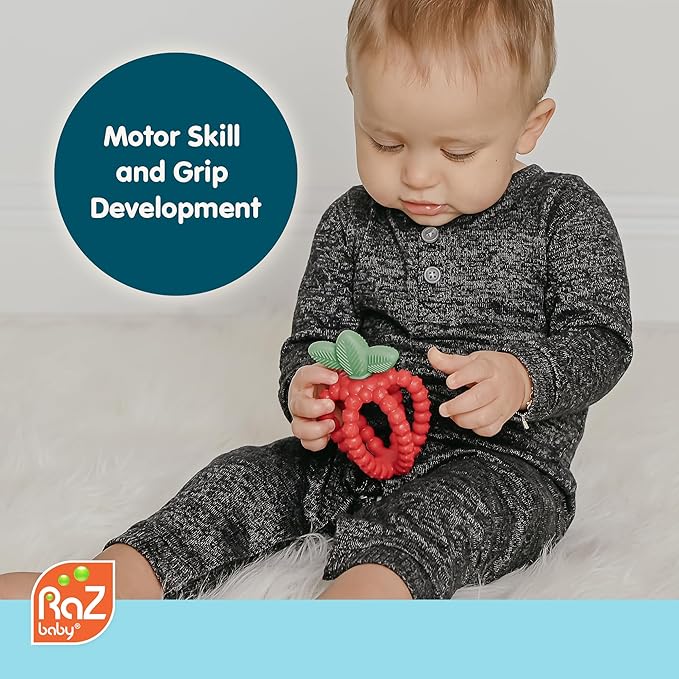 RaZbaby Bites Silicone Baby Teething Toy – Sensory Toy with Textured BerryBumps for Teething Relief, Easy-to-Hold Fruit Shape, BPA-Free, Soothes Front & Back Teeth – Gift for Babies, 3 Months+, Blue