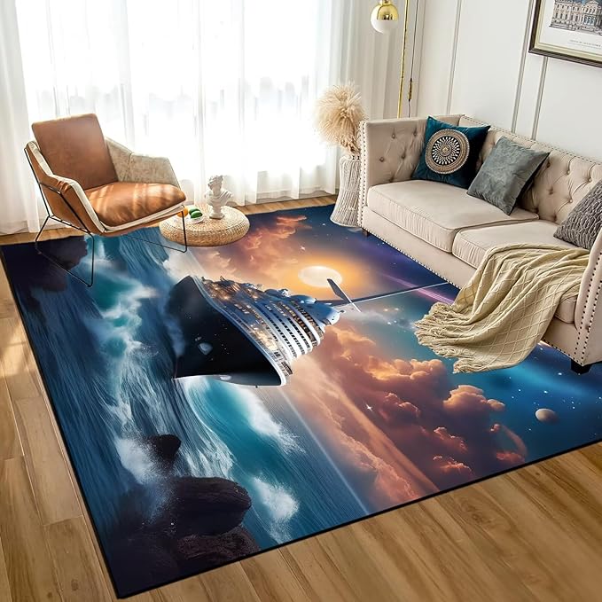 5' x 7' Nautical Ship Rug for Kids Room Galaxy Ferry Boat Rugs for Boys Bedroom Ocean Cloud Carpet Sun Planet Printed Throw Rugs for Teens Living Room,150x210cm