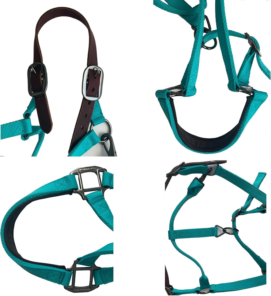 Majestic Ally Leather Halter with Matching Lead Rope for Horses – Leather Breakaway Crown - Adjustable Chin Strap – Rolled Throat Latch – Padded Noseband – Full (Red, Full)