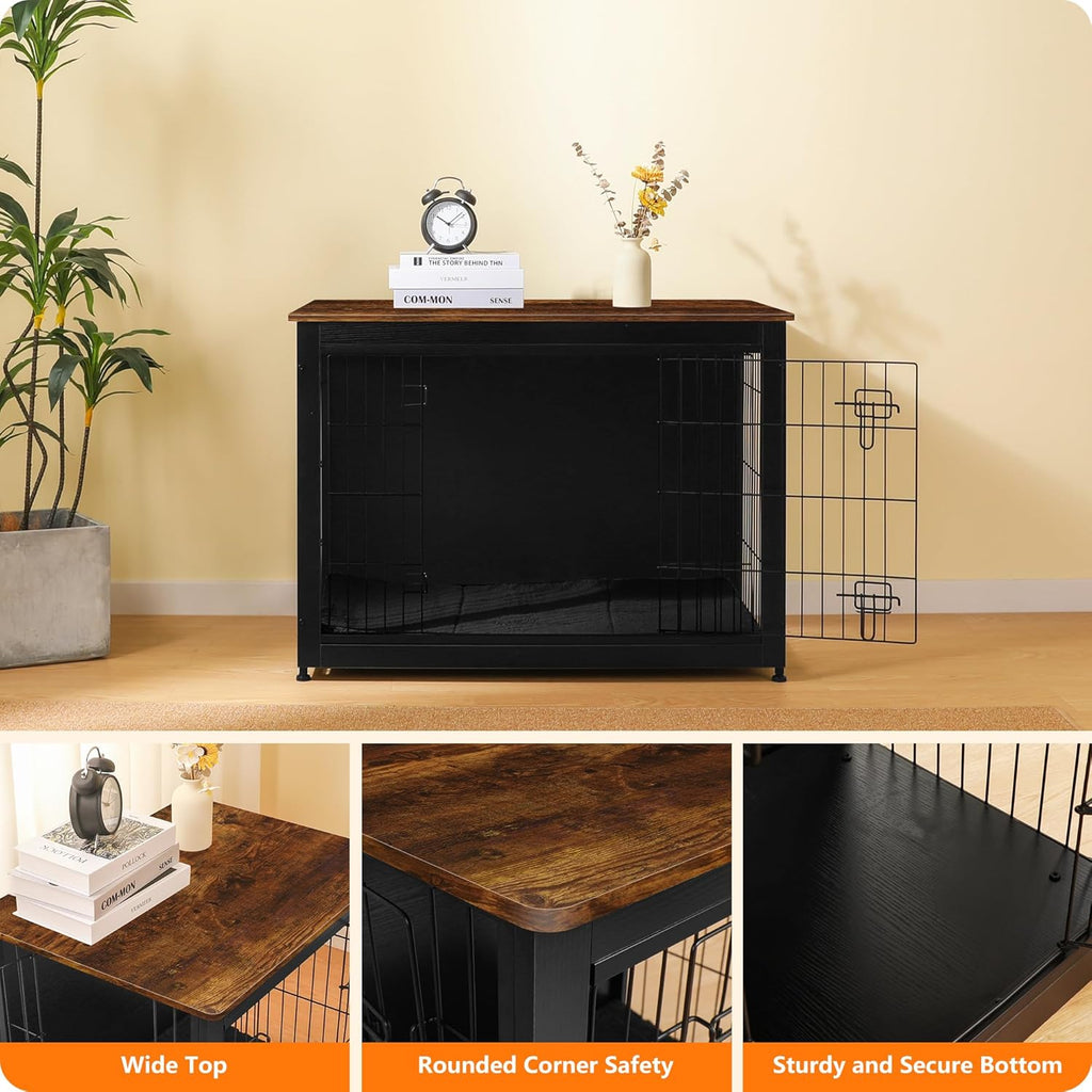DWANTON Dog Crate Furniture with Cushion, Wooden Kennel Table with Double Doors, Indoor Dog House, Large Size, 38.5" L, Black+Rustic Brown