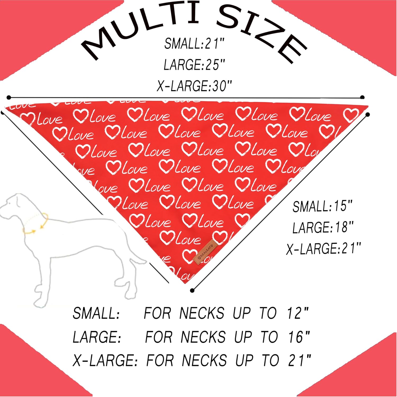 Realeaf Valentines Day Dog Bandanas 2 Pack, Reversible Love Pet Scarf for Boy and Girl, Premium Durable Fabric, Heart Bandana for Large and Extra Large Dogs (X-Large)