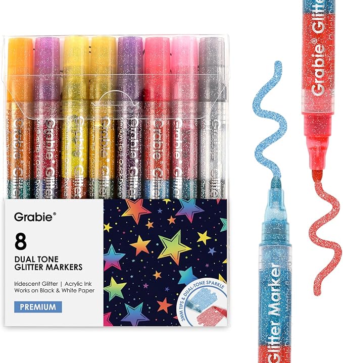 Grabie 16 Metallic Colors Dual Tip Glitter Markers, Glitter Metallic Shimmer Marker Set of 8, Acrylic Paint Pens for Rock Painting, Black Paper, Wood, Canvas, Stone, Glass, Ceramic, DIY Crafts Making