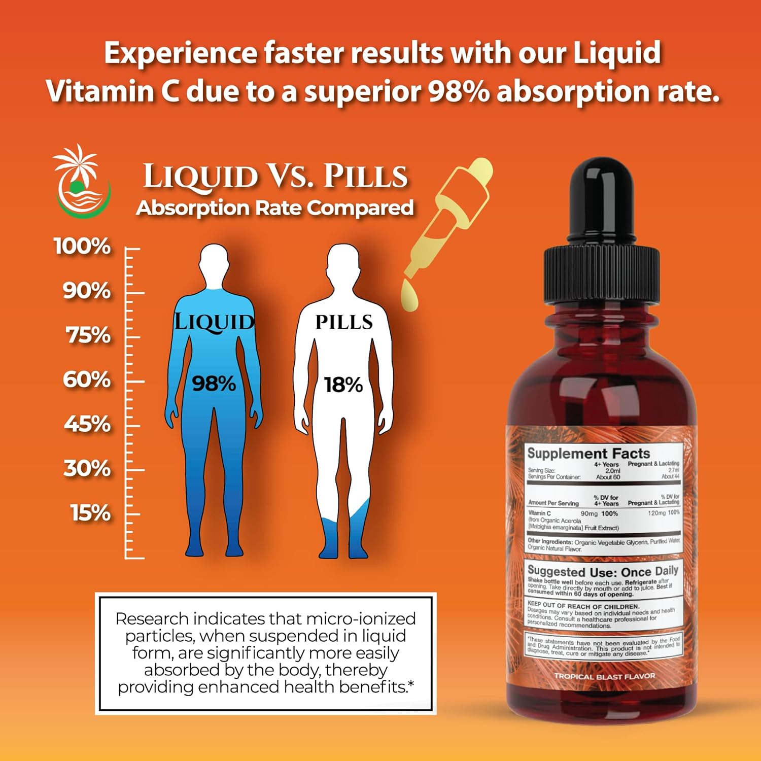 Tropical Oasis USDA Organic Liquid Vitamin C Drops for Adults & Kids | Supports Healthy Immune System | 98% Absorption Rate | Vegan | Non-GMO | Gluten Free | 60 Servings
