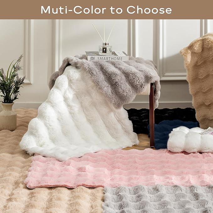 Ashler Faux Rabbit Fur Rug, White 6x9 FT Fluffy Soft Runner Area Rugs, Rectangle Fuzzy Carpet for Living Room, Bedroom, Machine Washable Shaggy Nursery - 3D Bubble Mat