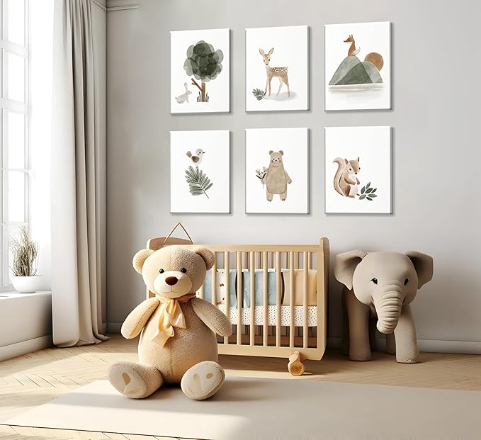 6 Pieces With Woodland Nursery Canvas Wall Art Neutral Sage Green Bohemian Minimalist Forest Animals Paintings Pictures Wall Decor Poster Print Artwork For Kids Room Baby Room Boys Girls Bedroom