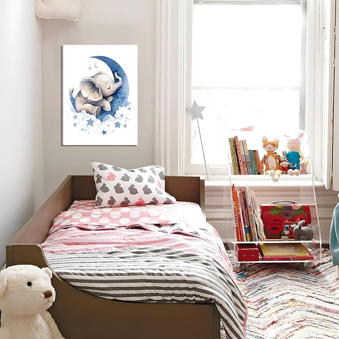 Baby Boy Nursery Canvas Wall Art Set of 3, Blue Elephant Moon and Stars Picture Wall Decor Painting, Cute Animal Baby Girl Nursery Posters Prints for Kids Room Bedroom 16x24 In Framed