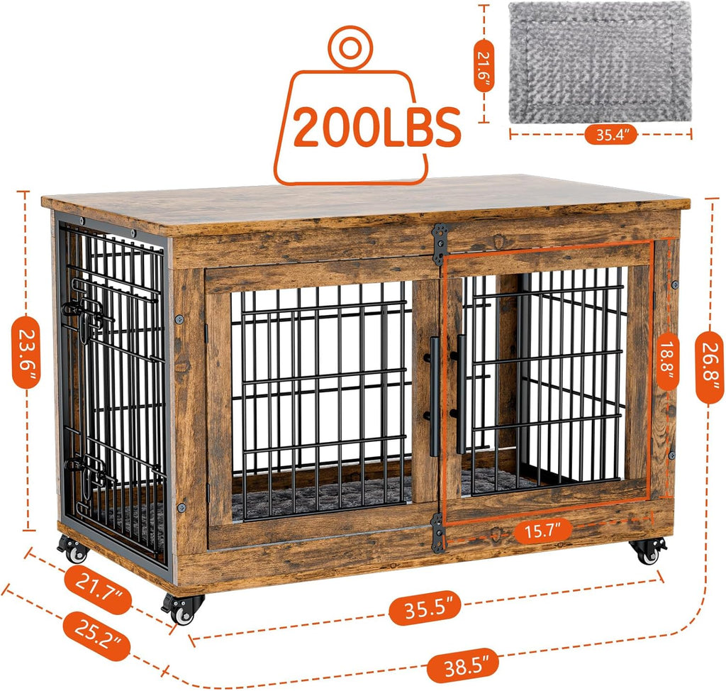 Lulive Dog Crate Furniture, Dog Kennel Indoor Double Doors Wooden Dog Cage, 38'' Heavy Duty Dog Crate with Cushion & Wheels, Decorative End Table Pet House Chew-Resistant for Large/Medium, Brown