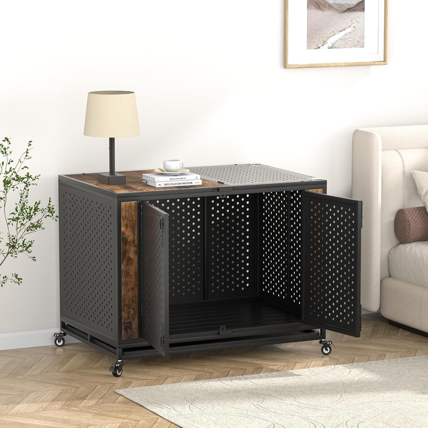 42" Heavy Duty Dog Crate Furniture for Large and Medium Dogs, Enclosed Design with 0.5 inch Holes, Indestructible Metal Kennel for High Anxiety Dogs, Chew Proof Pet House Cage Indoor, Brown