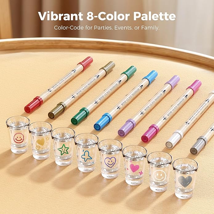 Wine Glass Markers Washable, 8-Pack Dual Tip Erasable Pens | Food Grade Non-Toxic Ink for Glasses, Ceramic | Ideal Christmas Gifts & Party Accessories