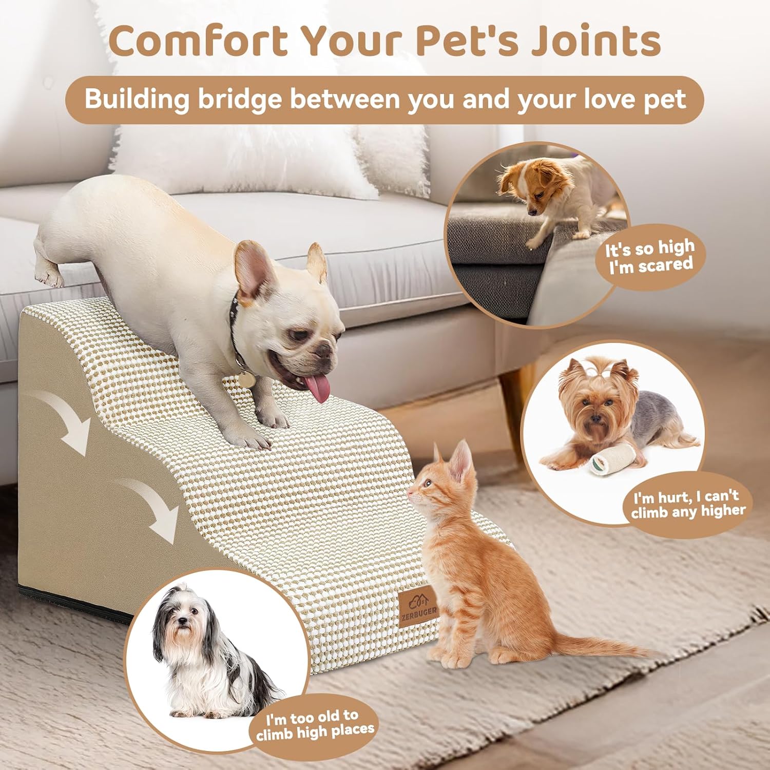 Dog Ramp and Stair for Bed 16" H-20 H,3-Step Cat Stair for Sofa and Chair,4-Step Dog Ramp for High Bed and Window,Durable Nonslip Fabric Cover for Indoor (Beige-16 H, Pet Friendly, 3)