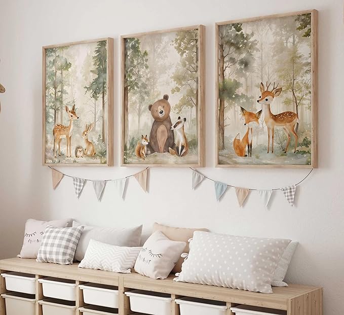 3Pcs Woodland Animal Nursery Canvas wall art Wild Animals Forest Paintings Pictures Wall Decor Fox Bear Deer Watercolor Poster Printing Artwork for Boys Room Girls Room Home Decoration Unframed