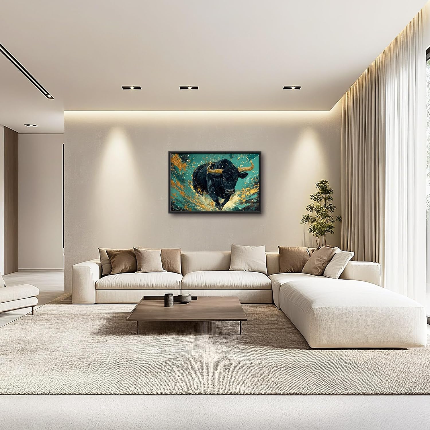 Large Bison Buffalo Wall Art for Living Room, Framed Oversized Bull Wall Decor, Abstract Teal and Golden Canvas Painting Modern Artwork for Living Room Bedroom Office Dining Room 36"x24"
