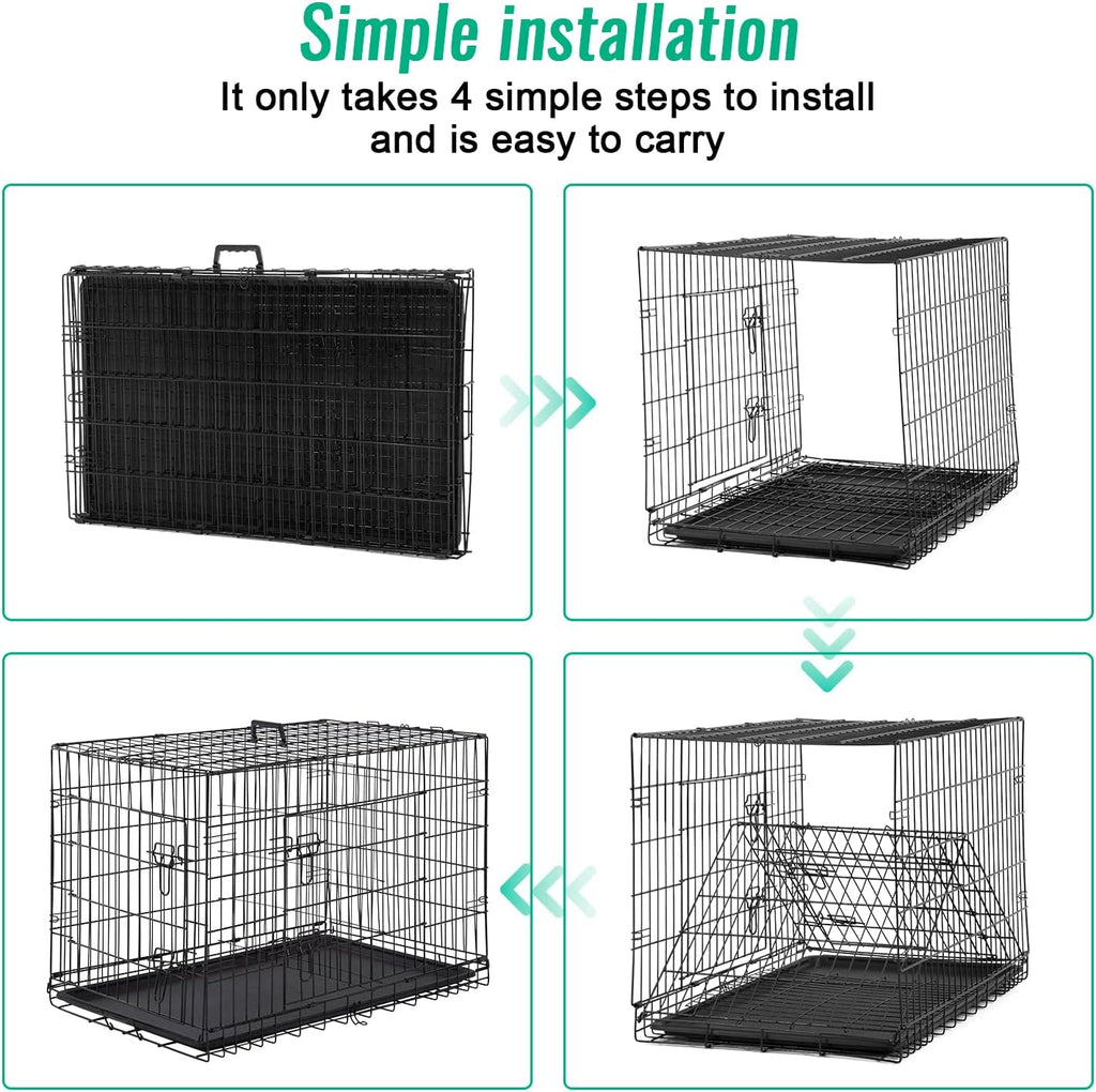 FDW Dog Crate for Large Dogs 42 Inch Folding Metal WirePet Cage Double Door W/Divider Panel Indoor Outdoor Kennel Leak-Proof Plastic Tray,Black