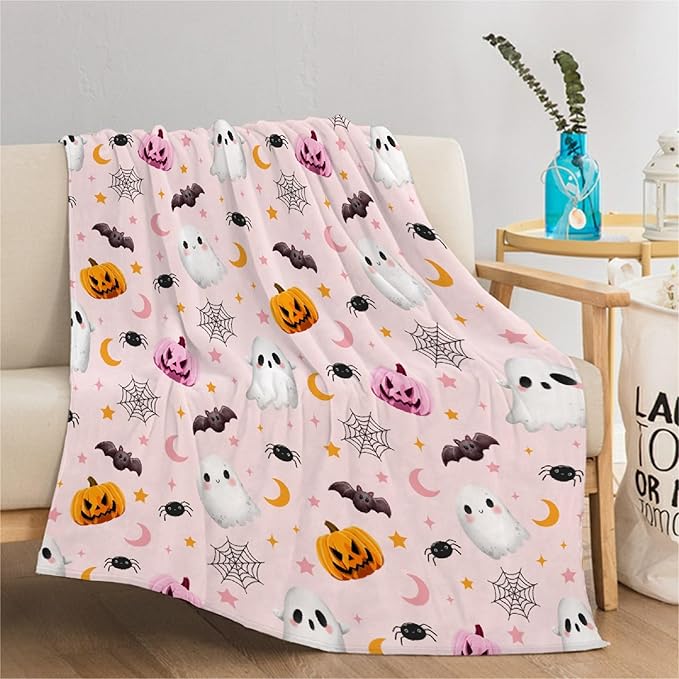 Cute Ghost Blanket for Boys Girls - Halloween Decor for Couch/Bed/Living Room - Ultra Soft Blanket Home Decor for All Seasons - 90"x120"-Familys/King Size