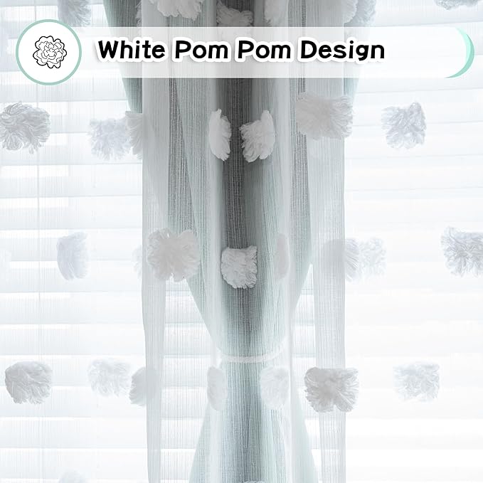 MYSKY HOME Aqua Living Room Curtains Kids Curtains for Boys Bedroom 84 Inches Long Double Layer Curtains for Kids Room Darkening Grommet White Pom Pom Sheer Blackout Curtains 52 x 84 Inch 2 Panels