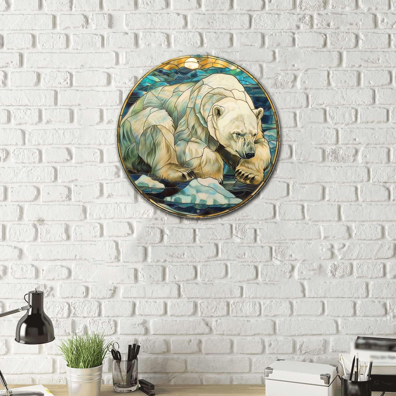 Lygond Metal Sign Tin Sign Circular Stained Glass Polar Bear Garden Tin Sign for Pet 8×8 Inches