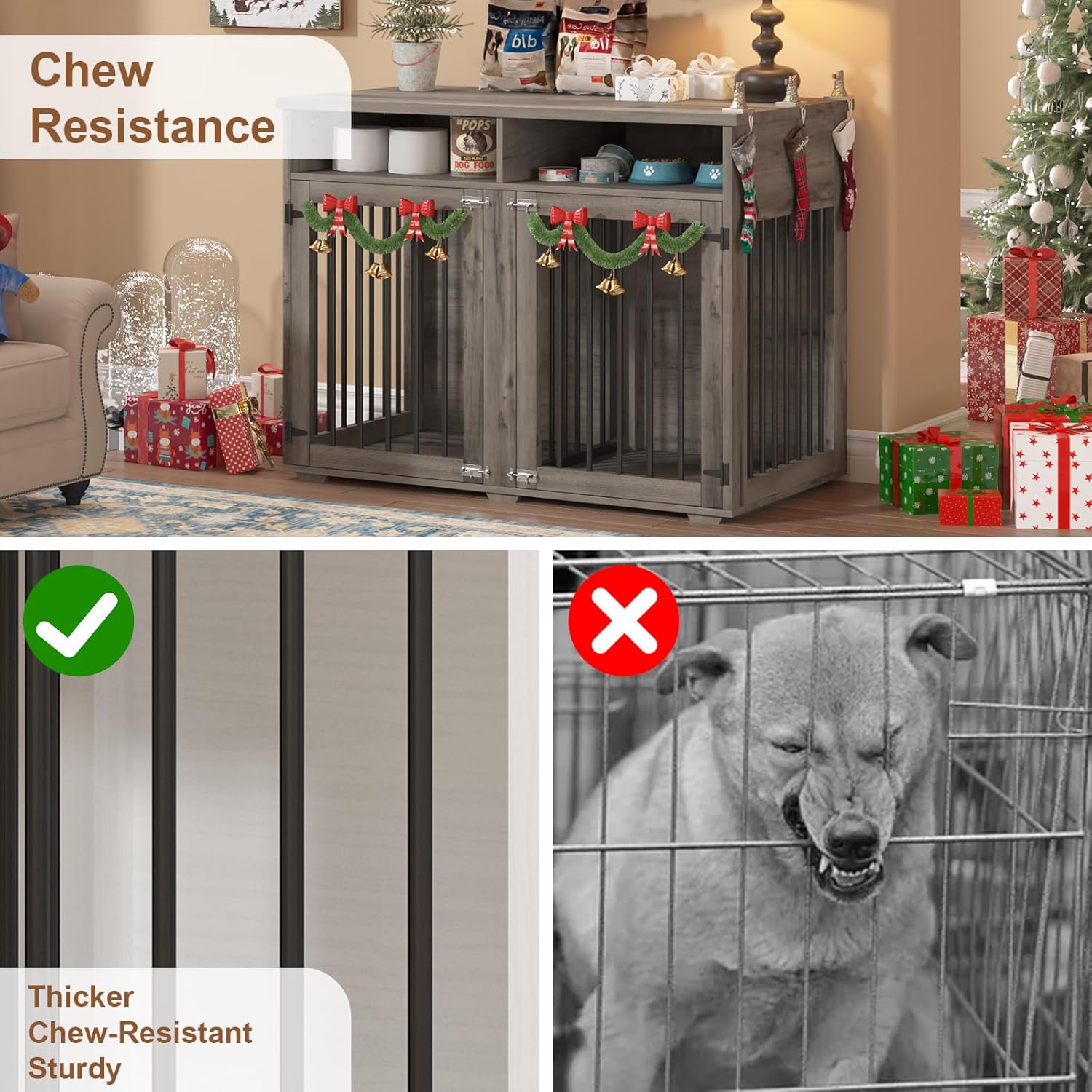 Furniture Dog Crate for 2 Dogs, 41 Inch Dog Kennel Furniture with Removable Divider and Shelf Storage, Wooden Dog Crate for Small/Medium Dogs, Grey