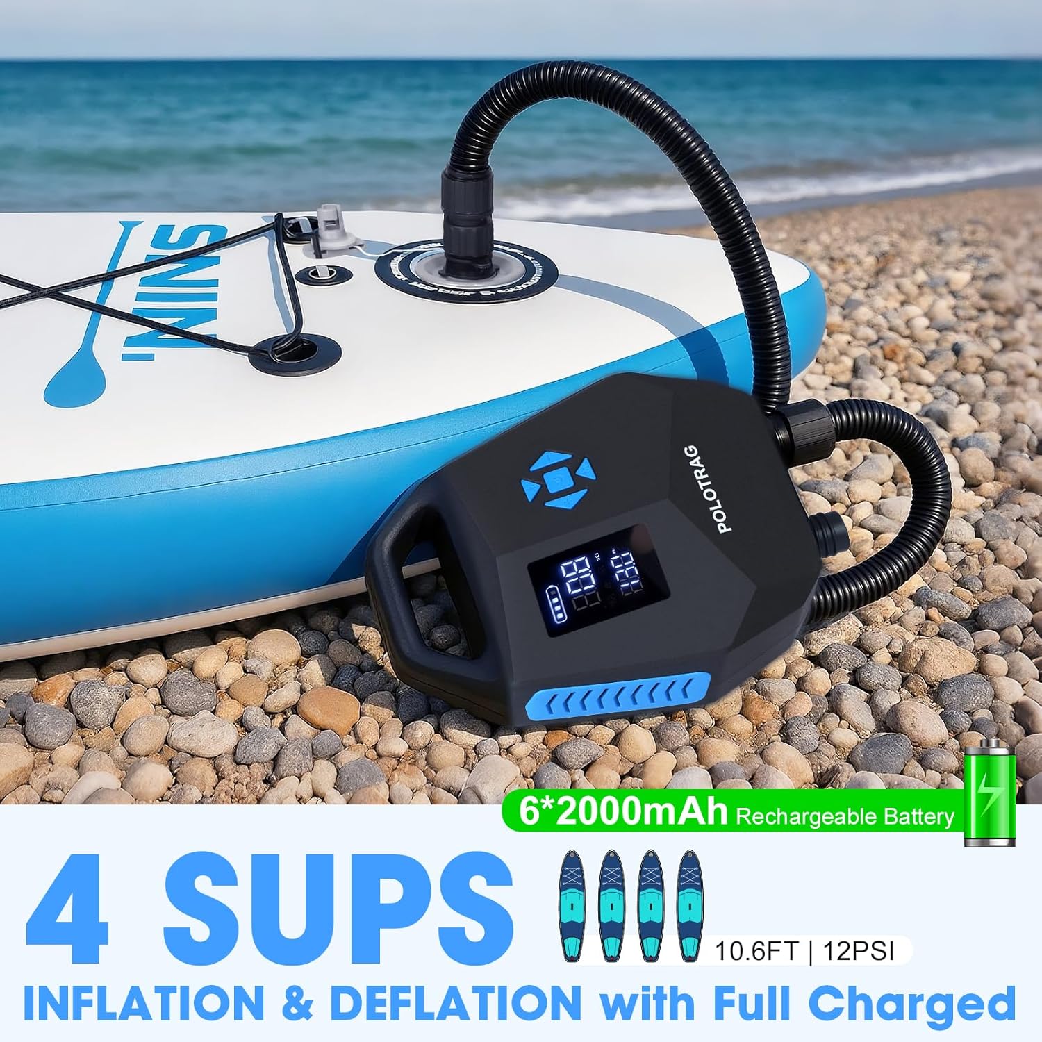 Paddle Board Pump, Rechargeable SUP Pump Electric, 20PSI Portable Paddleboard Pump with Inflation & Deflation, Auto-Off for Inflatables, Kayak, Towable Tube and Air Mattress