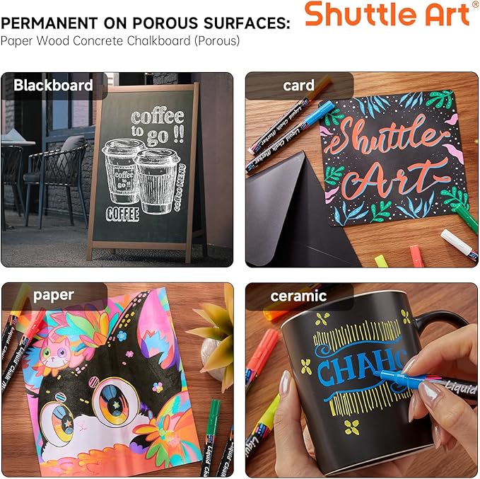Shuttle Art Chalk Markers, 24 Vibrant Colors Liquid Chalk Markers Pens for Chalkboards, Windows, Glass, Cars, Erasable, 3mm Reversible Fine Tip with Chalkboard Labels for Office Home Supplies