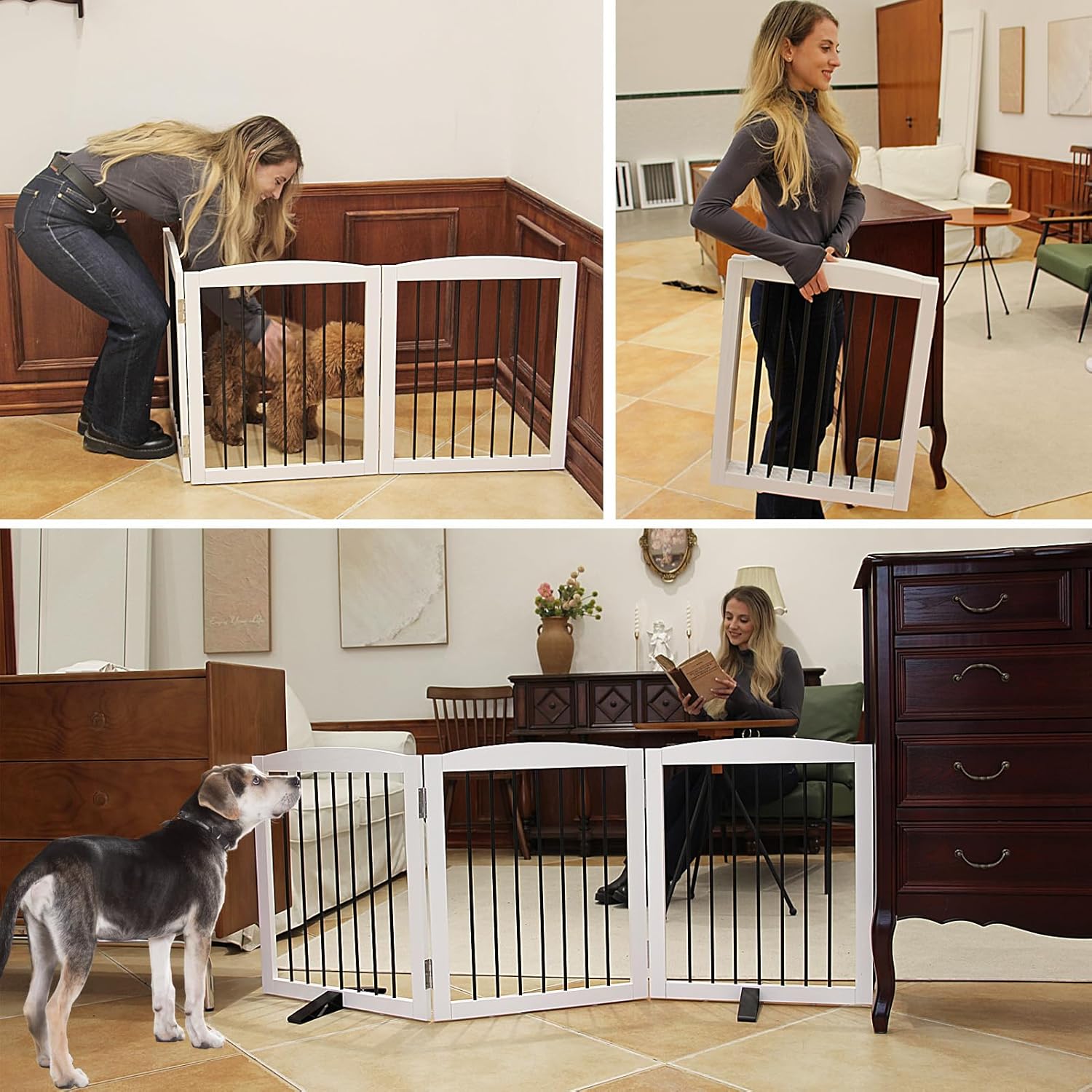 ZJSF Freestanding Panel Dog Gate for Indoor, Doorways,Stairs, or Hallways,Foldable Wooden White Pet Gates for House,Pet Gate for Dogs,Dog Fence, Puppy Gate,Support Feet Included,24 "Height-3 Panels