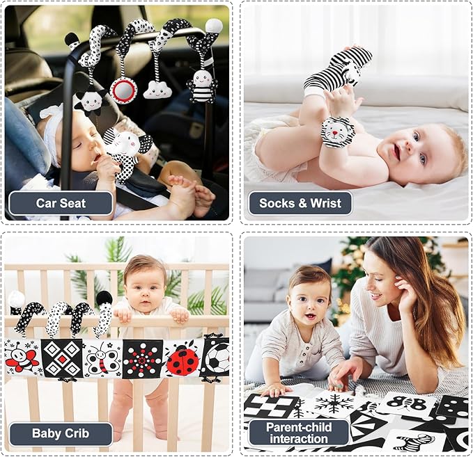 Newborn Toys,High Contrast Black & White Baby Toys 0-6 Months with Sensory Cards & Rattle, Essential for Brain Development, Tummy Time & Car Seat Toys for 0 2 4 6 Month Old