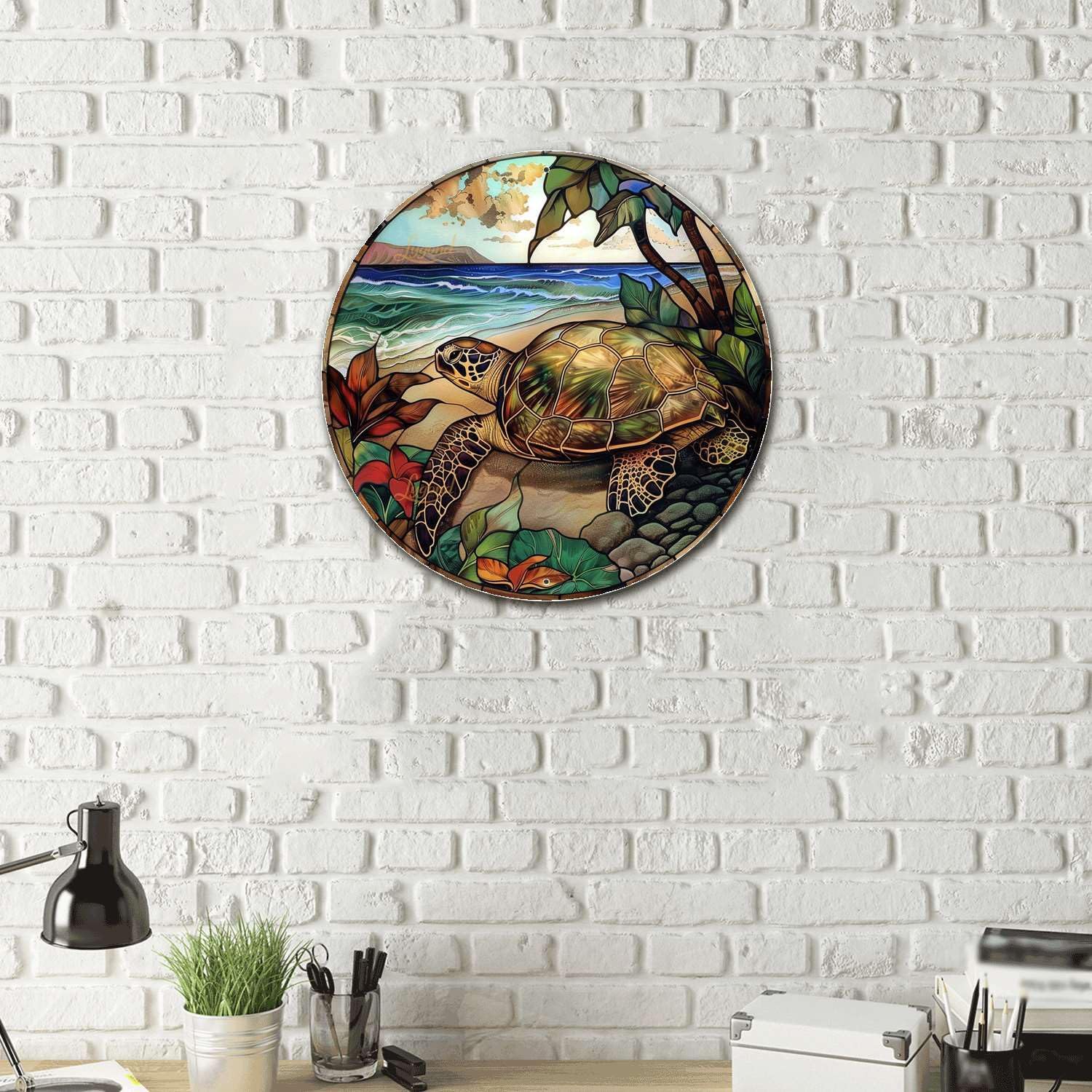 Lygond Metal Sign Tin Sign Circular Stained Glass Turtle Decor Outdoor for Yard 8×8 Inches