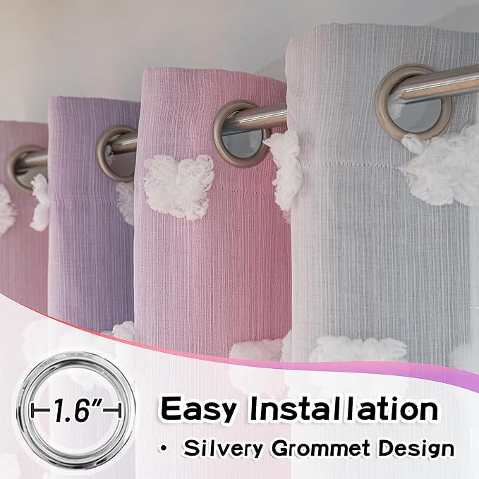 MYSKY HOME Pink Purple Curtains for Girls Bedroom - 54 Inch Long White Pom Pom Sheer Small Double Layer Grommet Room Darkening Nursery Curtains, 52 X 54 in