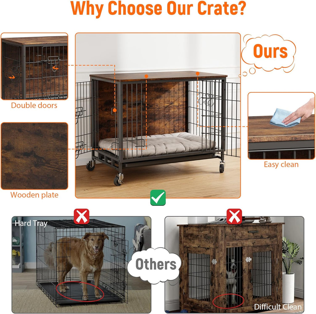 Dog Crate Furniture, 27.2" Small Dog Kennel Wooden Dog Crate with Pull-Out Tray, Double Doors, Modern End Table for Small/Medium Dogs, Grey