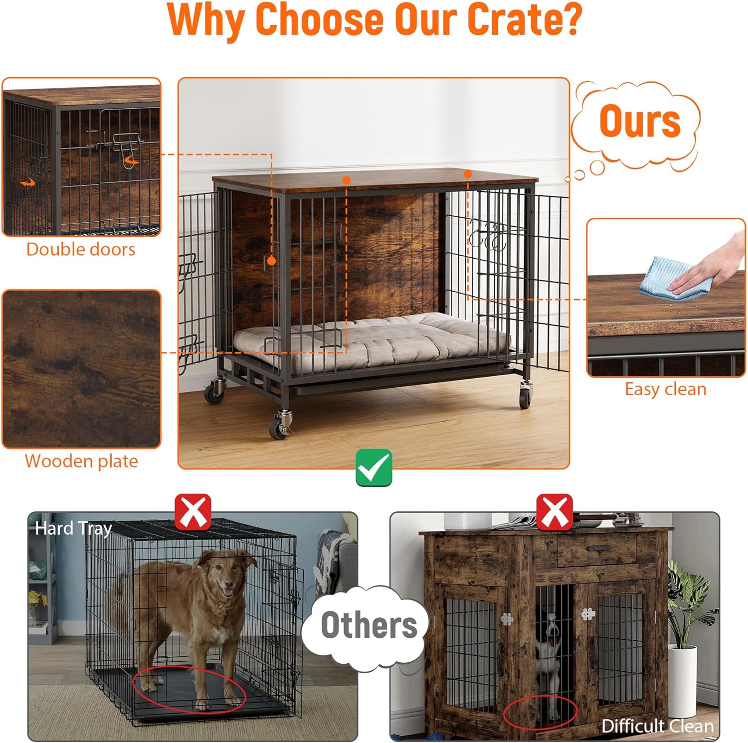 Dog Crate Furniture, 27.2" Small Dog Kennel Wooden Dog Crate with Pull-Out Tray, Double Doors, Modern End Table for Small/Medium Dogs, Grey
