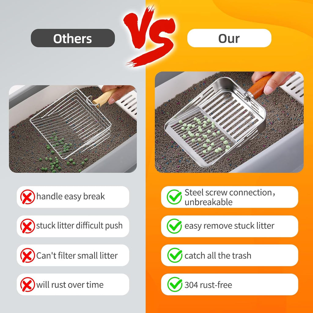 304 Stainless Steel Cat Litter Scoop, One-Piece Pressed Design with No Weld Spots, Durable Anti-Break Handle, Dual Slot Sizes, Easy to Clean, Filters Small Litter Clumps Litter Scoop