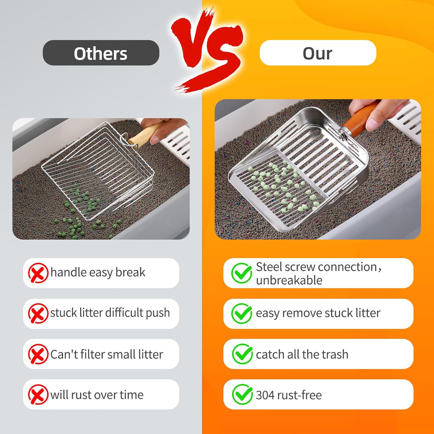 304 Stainless Steel Cat Litter Scoop, One-Piece Pressed Design with No Weld Spots, Durable Anti-Break Handle, Dual Slot Sizes, Easy to Clean, Filters Small Litter Clumps Litter Scoop