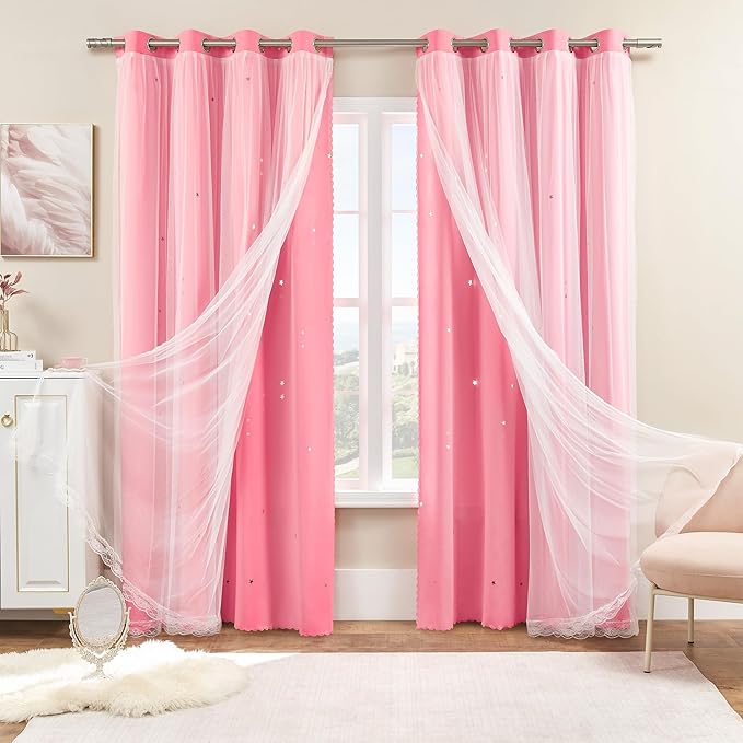 XiDi Pink Curtains for Girls Bedroom 80% Blackout Double Layer Curtains with Sheer Overlay for Nursery Kids Room Star Pink Drapes with Tiebacks Grommet Window Treatment 2 Panels W34 X L72