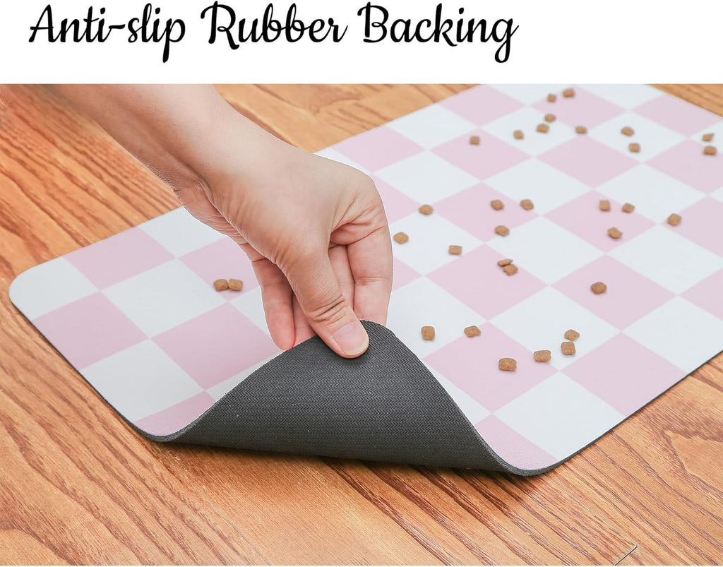 Ralxion Checkered Dog Feeding Mat, Absorbent Mats for Dog Food and Water Bowl, Dispenser, Feeder, Retro Aesthetic Pastel Pink Checkerboard Pet Placemat for Dogs, Cats, Puppy Accessories, 16" X 24”