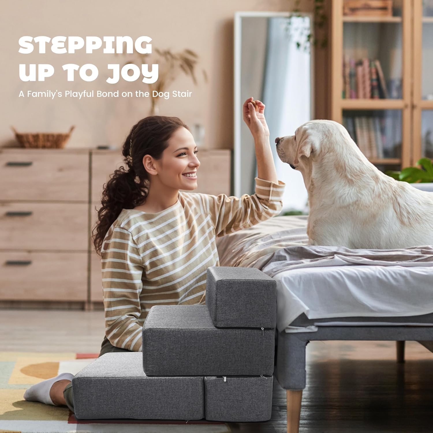 Foldable 18 Inch Wide 3 Step Wide Dog Stairs for Large Dogs, 18 Inch Height Foam Dog Steps for Bed & Couch, Linen Covered Pet Stairs for Dogs to Get on Bed, Outdoor Foam Pet Steps for for Cars & SUV
