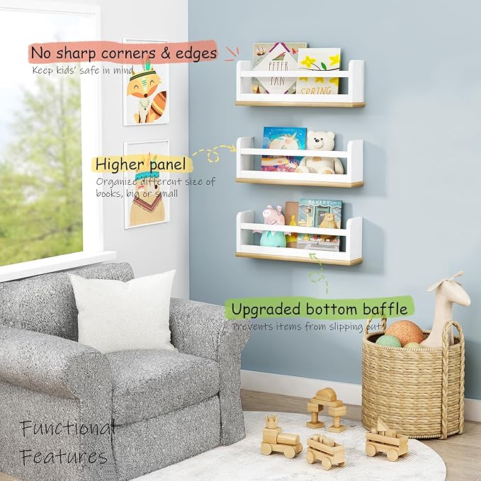 Upgraded Floating Nursery Book Shelves for Wall, White and Natural Kids Bookshelf Wall Mounted, Wood Baby Toddler Children Hanging Bookshelves for Kids Room Bedroom - Set of 3