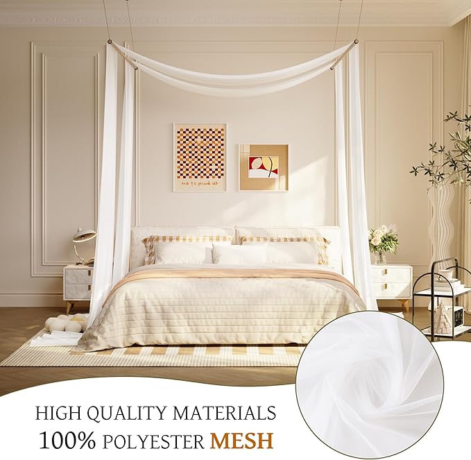 lazyzzz White Canopy Bed Curtains Princess Bed Canopy Scarf for Queen/King Metal Bed Frame,Wood Frame Bed, Bed Canopy for Girls Boys-2 Panel Sheer Curtain 39.4" W x 315" L