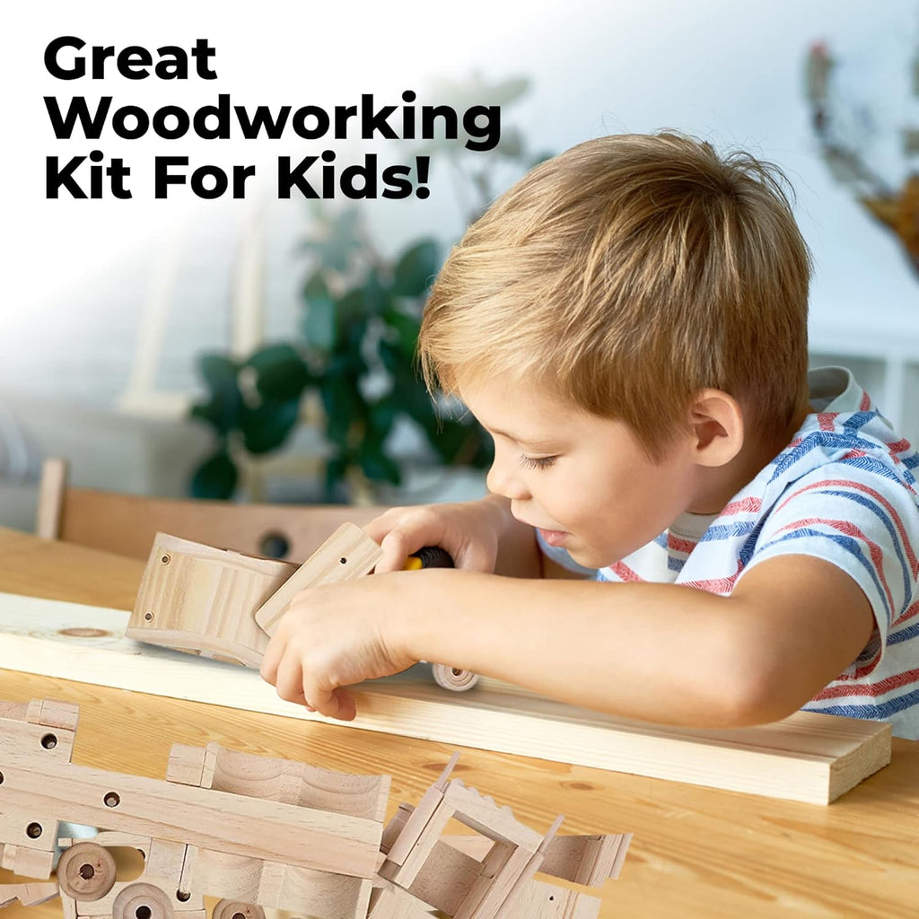 Kraftic Woodworking Building Kit for Kids, with 3 Educational DIY Carpentry Construction Wood Model Kit Toy Projects for Boys and Girls- Tractor, Bulldozer and Racing Car