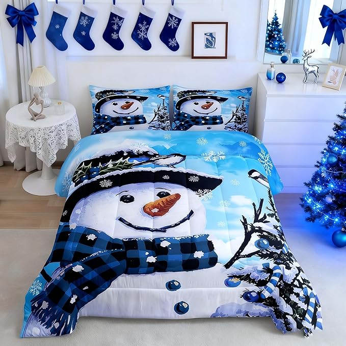 Feelyou Kids Christmas Theme Decorations Bedding Set Xmas Snowman Comforter Set for Boys Girls Cute Comforter Blue Quilt Set Bedroom Collection King Size