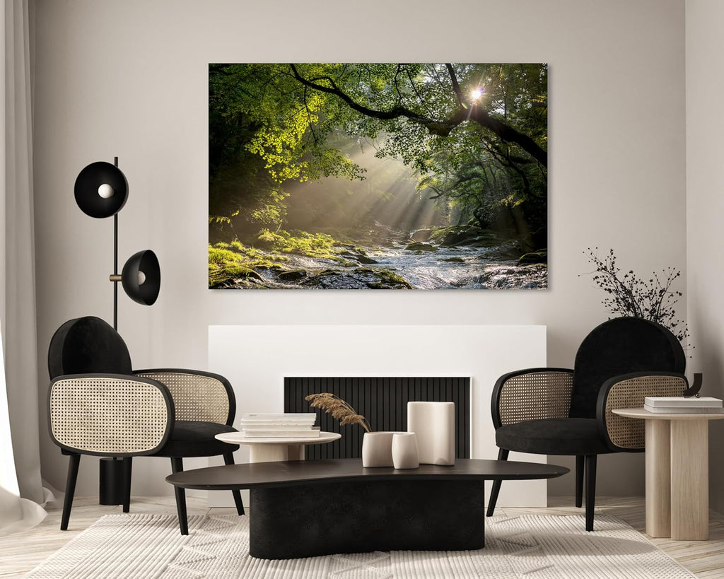 Nature Wall Art Prints - Ocean Forest Mountain Lake Canvas Landscapes - Small to Extra Large Living Room Bedroom Kitchen Bathroom Décor (Rocky River in the Woods, 24L" x 36W")
