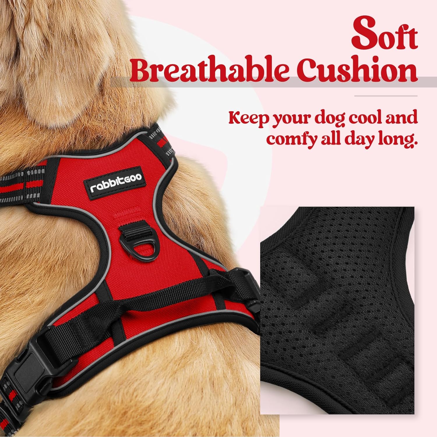 rabbitgoo Dog Harness No Pull with 2 Leash Clips, Adjustable Soft Padded, Reflective Oxford No Choke Pet Vest with Easy Control Handle for Medium Sized Dogs, Red, M