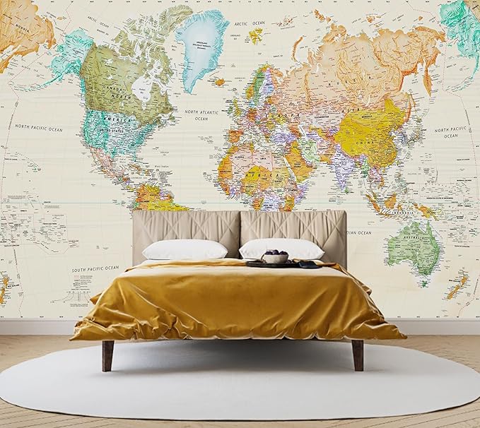 World Map Wallpaper Kids Wallpaper Mural for Nursery（Not Peel and Stick）