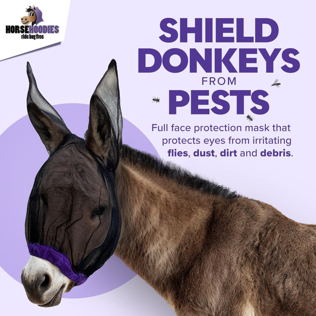 Donkey Fly Mask with Long Ears (Purple) Made in USA - Mule Fly Mask with Ears Protection from Insects and Bugs, Small Donkey Soft Mesh Fabric with Adjustable Fastener, Face Cover Supplies for Donkeys