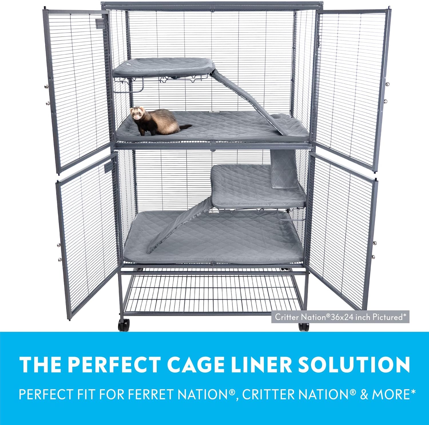 Paw Inspired Fitted Fleece Liners for Ferret Nation, Critter Nation Cage for Ferrets, Rats, Chinchillas, Hedgehogs & Other Small Animals (Gray, Double Unit Set)